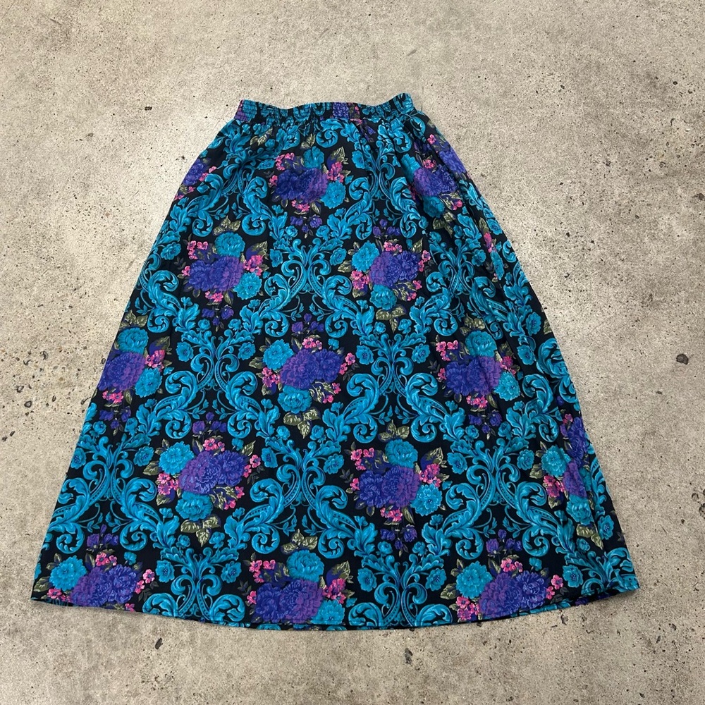 Vintage Floral Midi Skirt Medium 12/14 Blue Purple Baroque Print Vibrant
